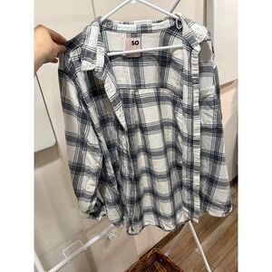 SO Black White Plaid Flannel Button Down Shirt Womens XL Long Sleeve Casual Top